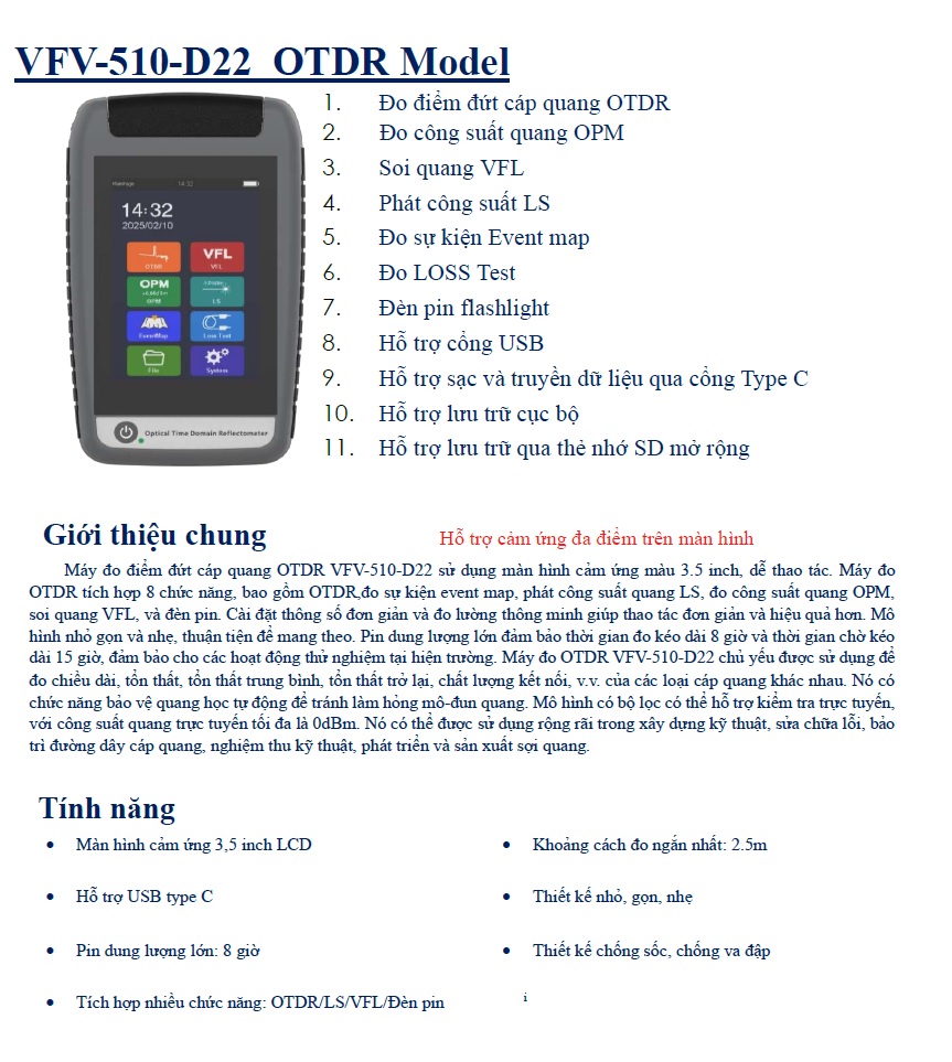 Máy đo và kiểm tra điểm đứt cáp quang OTDR. Model  VFV-510-D22